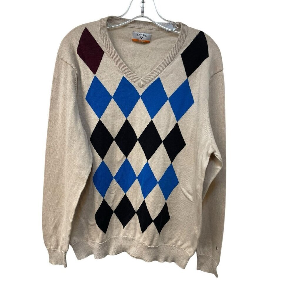 Callaway C-Tech Sweater Argyle Long Sleeve Cotton V  Neck Beige Golf Active L